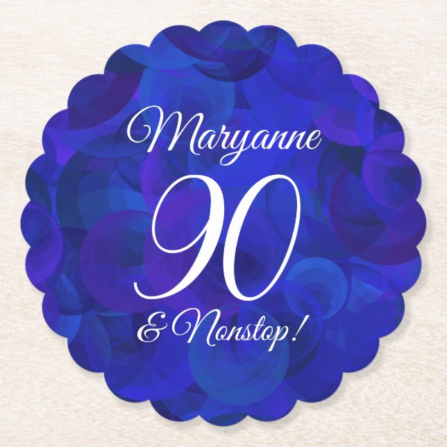 Elegant Royal Blue 90 and Nonstop Birthday Party Paper Coaster (Front)