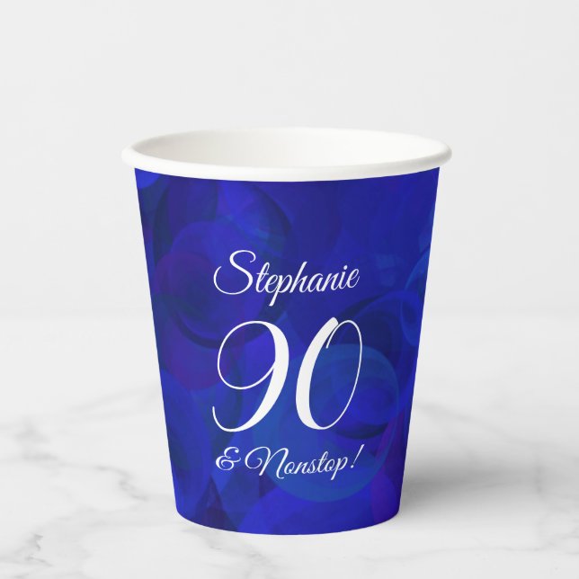 Elegant Royal Blue 90 and Nonstop Birthday Party Paper Cups (Front)