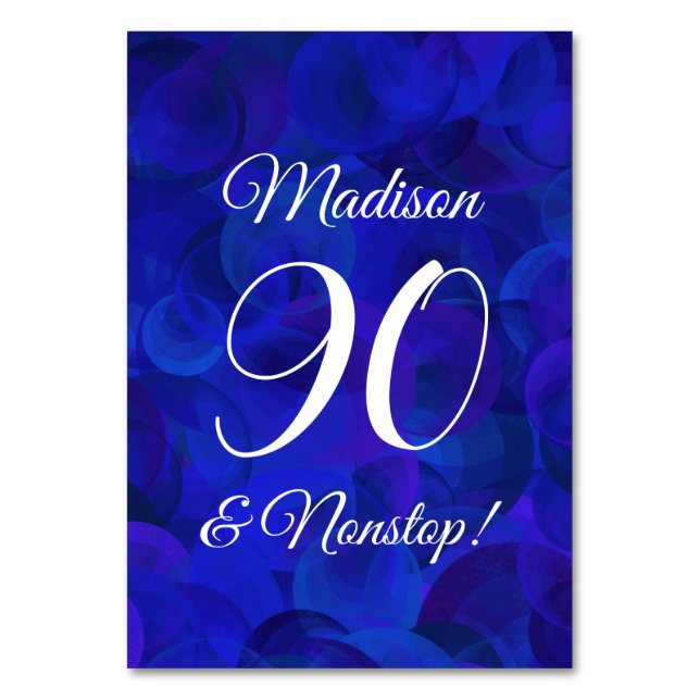 Elegant Royal Blue 90 and Nonstop Birthday Party Table Number (Front)