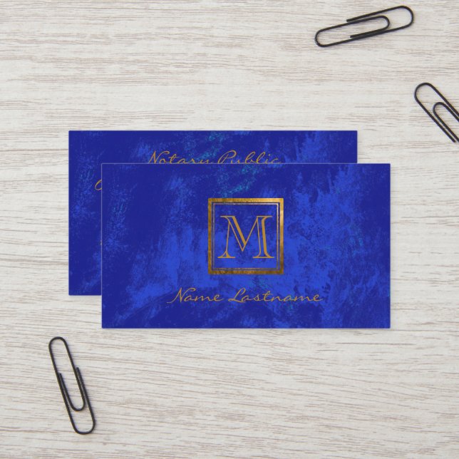 Elegant Royal Blue Abstract Gold Monogram Notary Business Card (Front/Back In Situ)