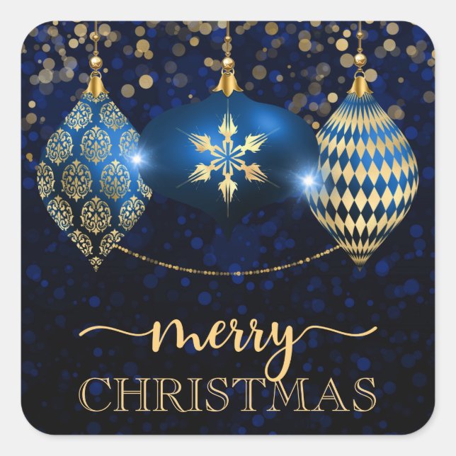 Elegant Royal Blue and Gold Bauble Merry Christmas Square Sticker (Front)