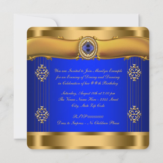 Elegant Royal Blue and Gold Birthday Invitation (Back)