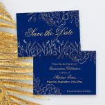 Elegant Royal Blue and Gold Fine Art Floral Save The Date<br><div class="desc">Elegant Save the Date Cards which you can customise to suit any event. The delicate floral design features fine art, outline drawings of flowers and leaves in gold on a royal blue background. One side of the card reads "Save the Date" in beautiful script typography. The other side of the...</div>
