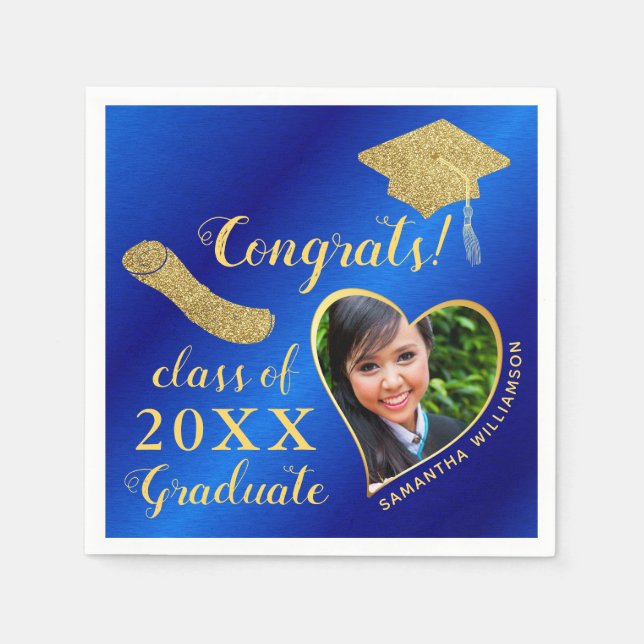 Elegant Royal Blue and Gold Photo 2025 Graduation Napkin (Front)