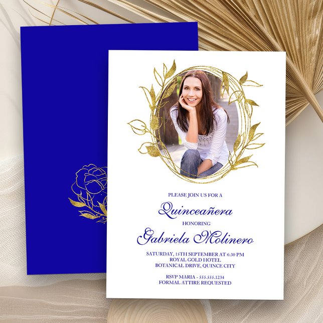 Elegant Royal Blue and Gold Photo Quinceanera Invitation (Quinceanera Photo Invitation from my Elegant Gold Flowers Quinceanera Collection)