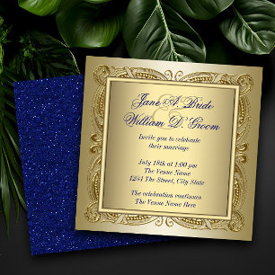 Elegant Royal Blue and Gold Wedding Invitation