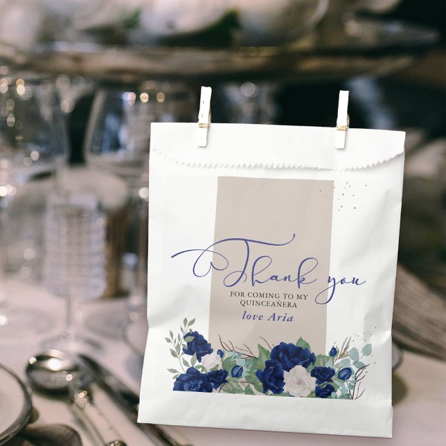 Elegant Royal Blue and Ivory Roses Thank You Favour Bag (Thank you for coming favor bags with sweet calligraphy and border of royal navy blue and ivory roses)