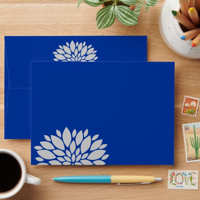 Elegant Royal Blue and Silver Grey Floral Burst Envelopes (Desk)
