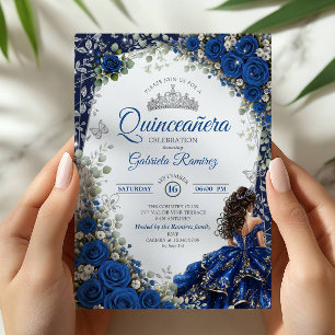 Elegant Royal Blue and Silver Roses Quinceañera  Invitation