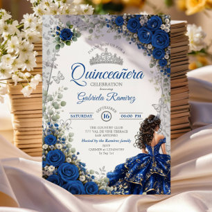 Elegant Royal Blue and Silver Roses Quinceañera  Invitation