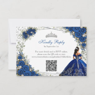 Elegant Royal Blue and Silver Roses Quinceañera RSVP Card