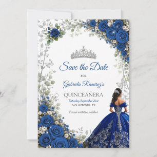 Elegant Royal Blue and Silver Roses Quinceañera Save The Date