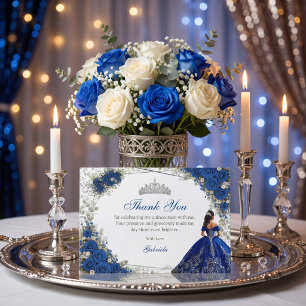 Elegant Royal Blue and Silver Roses Quinceañera Thank You Card