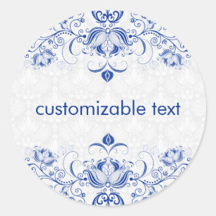 Elegant Royal Blue And White Damasks & Swirls 2 Classic Round Sticker