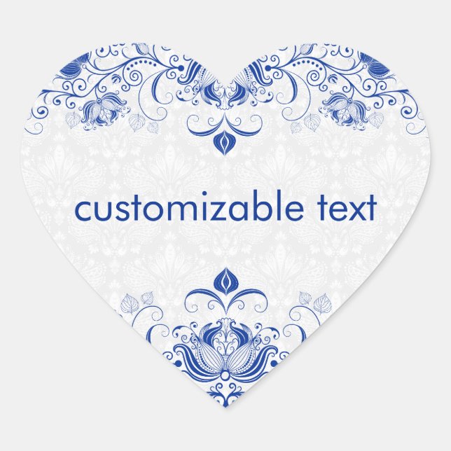 Elegant Royal Blue And White Damasks & Swirls 2 Heart Sticker (Front)