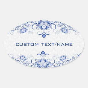 Elegant Royal Blue And White Damasks & Swirls Oval Sticker