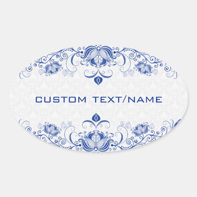 Elegant Royal Blue And White Damasks & Swirls Oval Sticker (Front)
