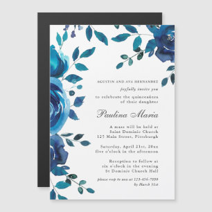 Elegant Royal Blue and White Floral Quinceañera Magnetic Invitation