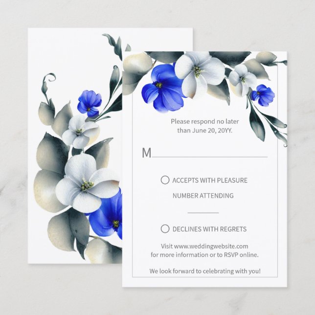 Elegant Royal Blue and White Floral RSVP Card (Front/Back)