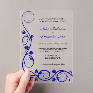 Elegant Royal Blue and White Swirls Acrylic Invitations