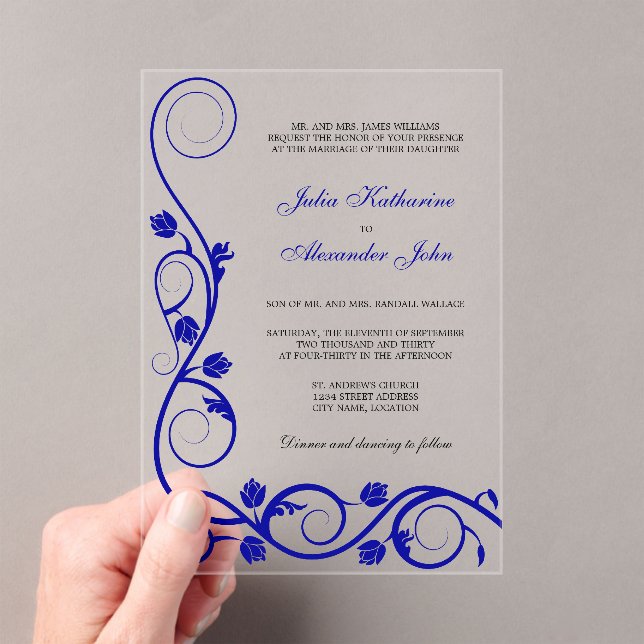 Elegant Royal Blue and White Swirls Acrylic Invitations (Insitu (Handheld))