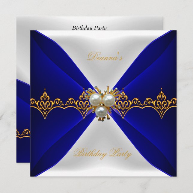 Elegant Royal Blue Birthday Gold Jewel White Silk Invitation (Front/Back)