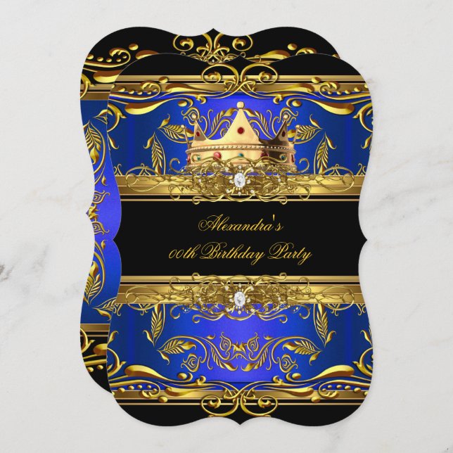 Elegant Royal Blue Black King Queen Birthday Party Invitation (Front/Back)