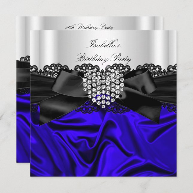 Elegant Royal Blue Black White Diamond Birthday Invitation (Front/Back)
