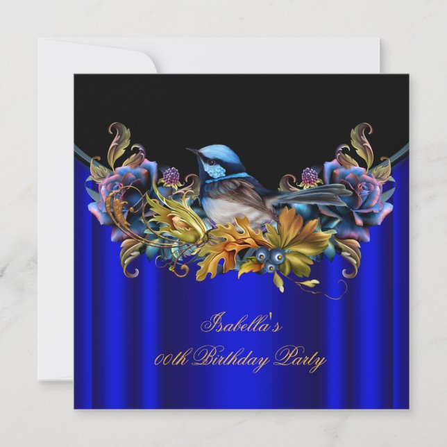Elegant Royal Blue Bluebird Gold Birthday Party Invitation (Front)