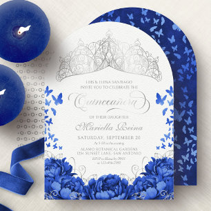 Elegant Royal Blue Butterflies Crown Quinceanera Invitation