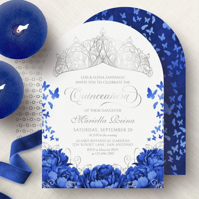 Elegant Royal Blue Butterflies Crown Quinceanera Invitation (Creator Uploaded)