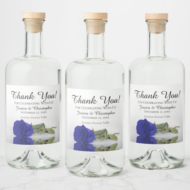 Elegant Royal Blue Cobalt Rose Wedding Thank You Liquor Bottle Label (Bottles)