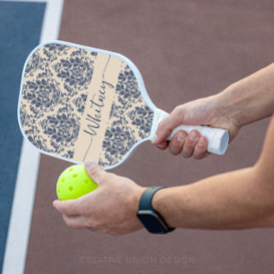 Elegant Royal Blue Damask Floral Pickleball Paddle