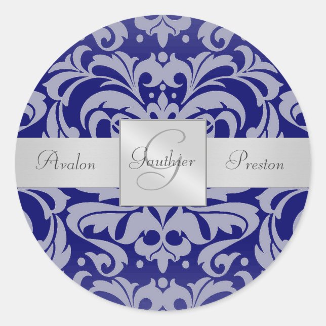 Elegant Royal Blue Damask Monogram Wedding Sticker (Front)