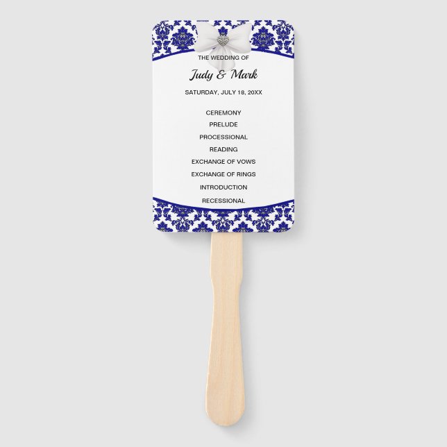 Elegant Royal Blue Damask Wedding Program Hand Fan (Front)