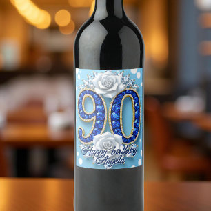 Elegant Royal Blue Diamond 90th Birthday Wine Label