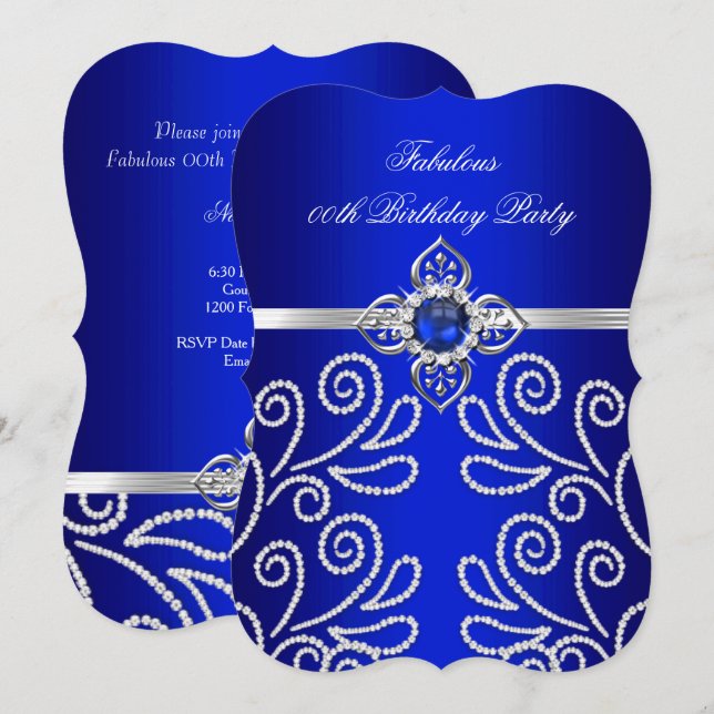 Elegant Royal Blue Diamond Pearl Birthday Party Invitation (Front/Back)