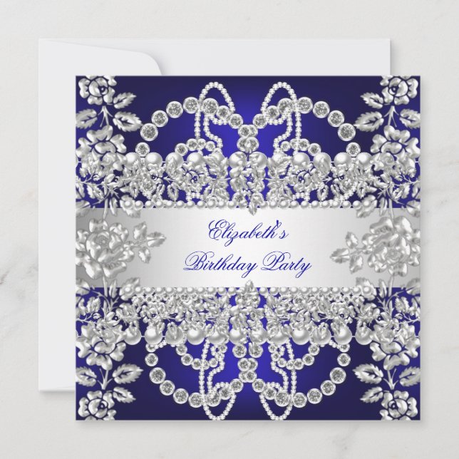Elegant Royal Blue Diamonds Silver Birthday Party Invitation (Front)