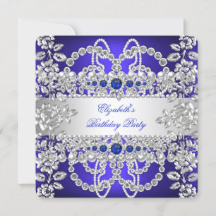 Elegant Royal Blue Diamonds Silver Floral Birthday Invitation