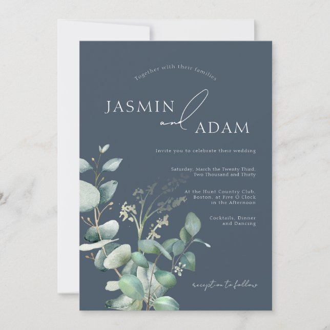 Elegant Royal Blue Eucalyptus Monogram Wedding Invitation (Front)