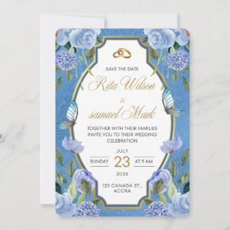 Elegant Royal Blue Floral and Gold Invitation