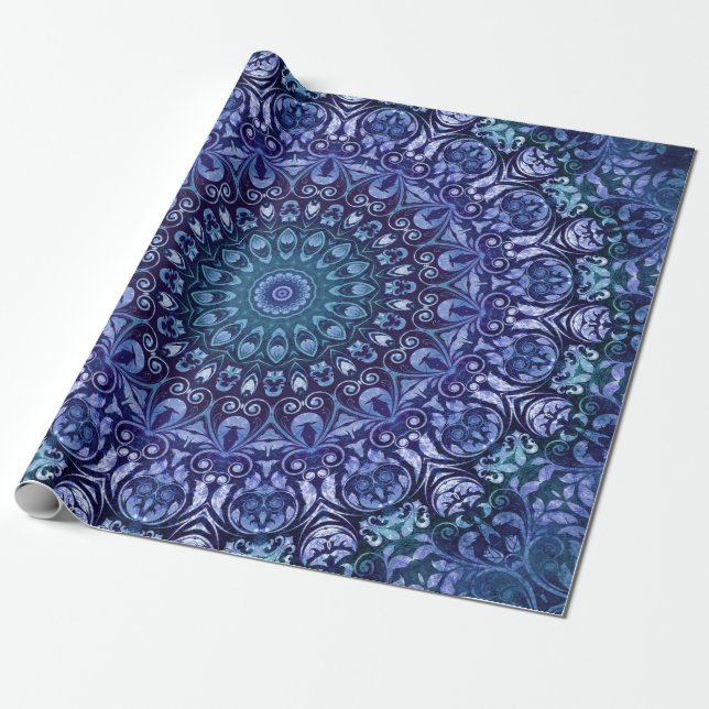 Elegant Royal Blue Floral Damask Pattern  Wrapping Paper (Unrolled)