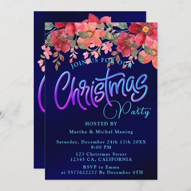 Elegant royal blue floral faux silver Christmas  Invitation (Front/Back)