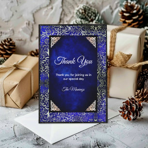 Elegant royal blue floral faux silver thank you card
