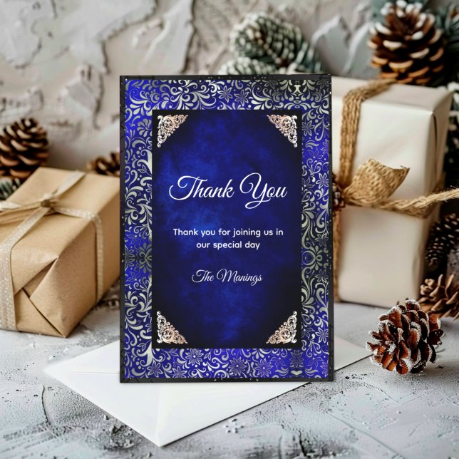 Elegant royal blue floral faux silver thank you card (Creator Uploaded)