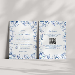 Elegant Royal Blue Floral Garden QR Code Wedding Invitation