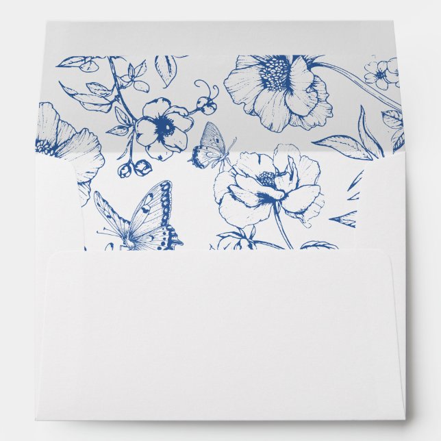Elegant Royal Blue Floral Garden Wedding Address Envelope (Back (Bottom))