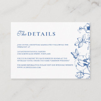 Elegant Royal Blue Floral Garden Wedding Details Enclosure Card
