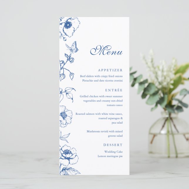 Elegant Royal Blue Floral Garden Wedding Flat Menu (Standing Front)