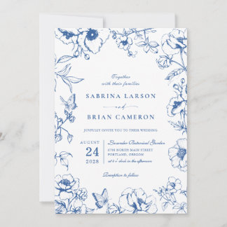 Elegant Royal Blue Floral Garden Wedding Photo Invitation